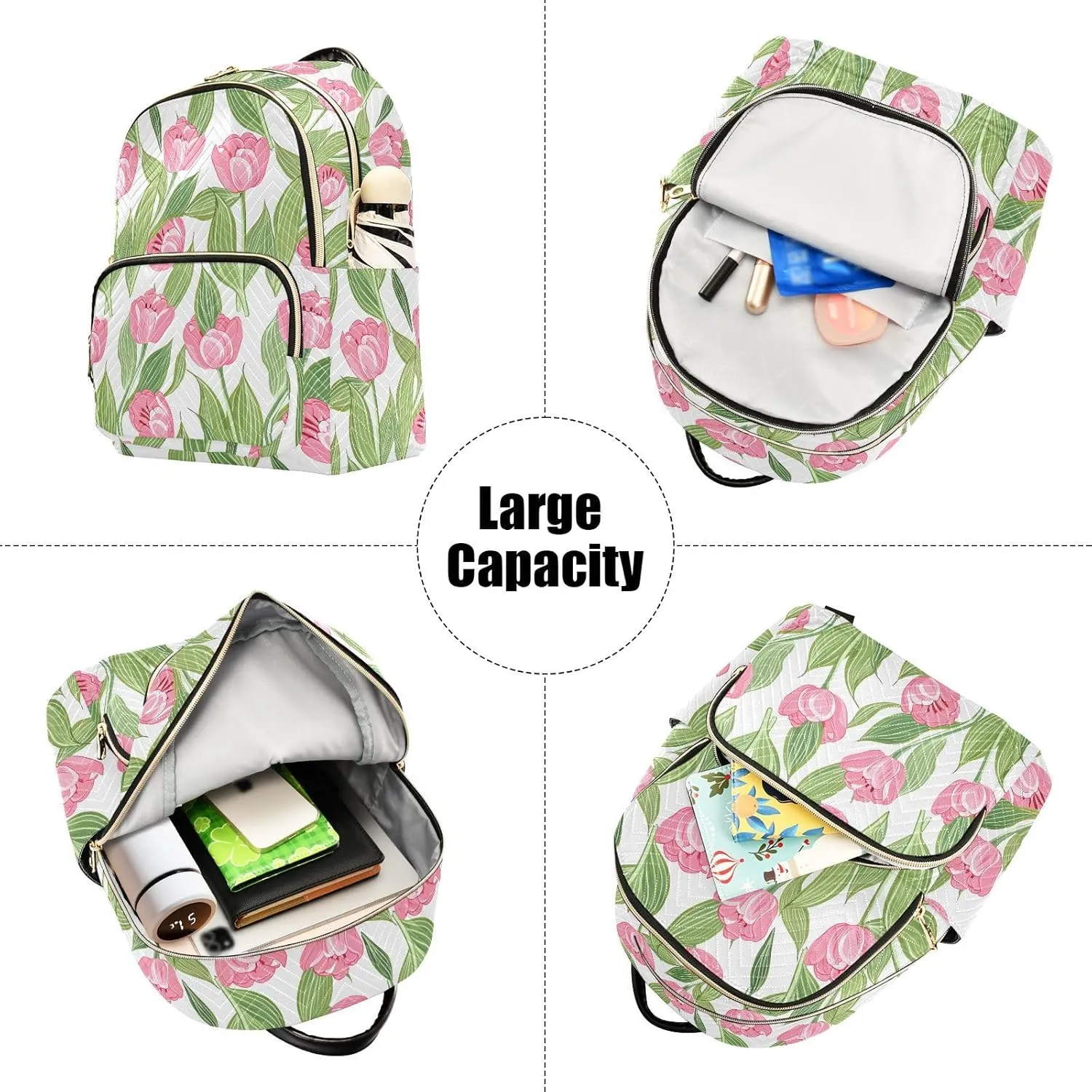 Tulips Leaves Floral Green Backpack Purse for Women Shoulder Bag with Anti-theft Back for Trips M