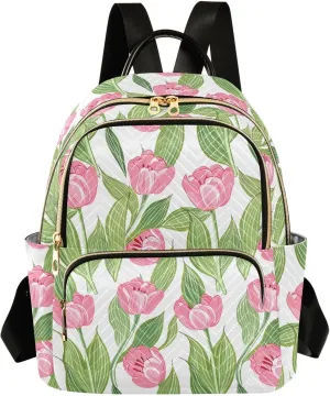 Tulips Leaves Floral Green Backpack Purse for Women Shoulder Bag with Anti-theft Back for Trips M
