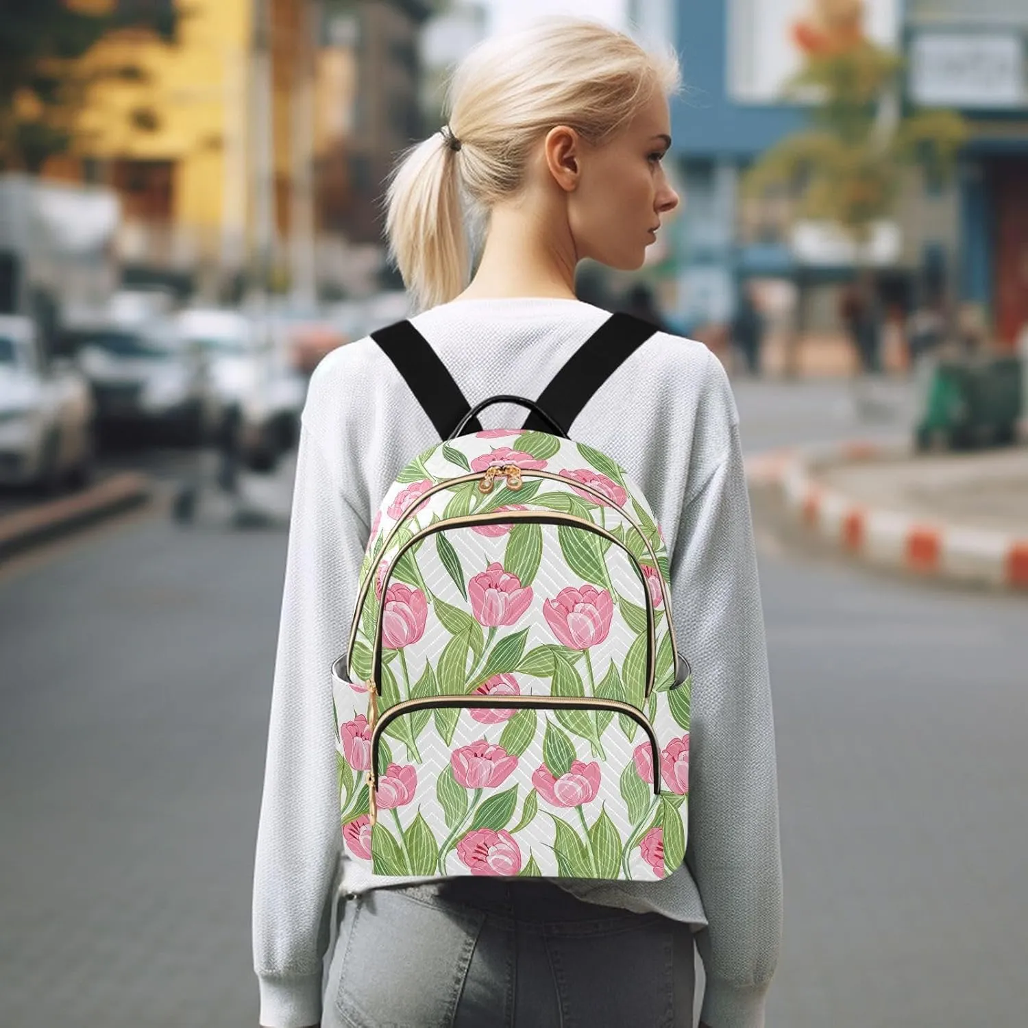 Tulips Leaves Floral Green Backpack Purse for Women Shoulder Bag with Anti-theft Back for Trips M