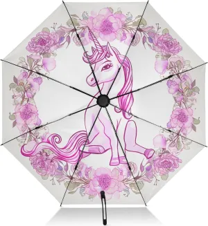 Umbrella, Auto Open Close Umbrelllas for Rain Compact Windproof, Compact Size for Backpacks/Handbags - for Travel, Cute Pink Unicorn Flowers