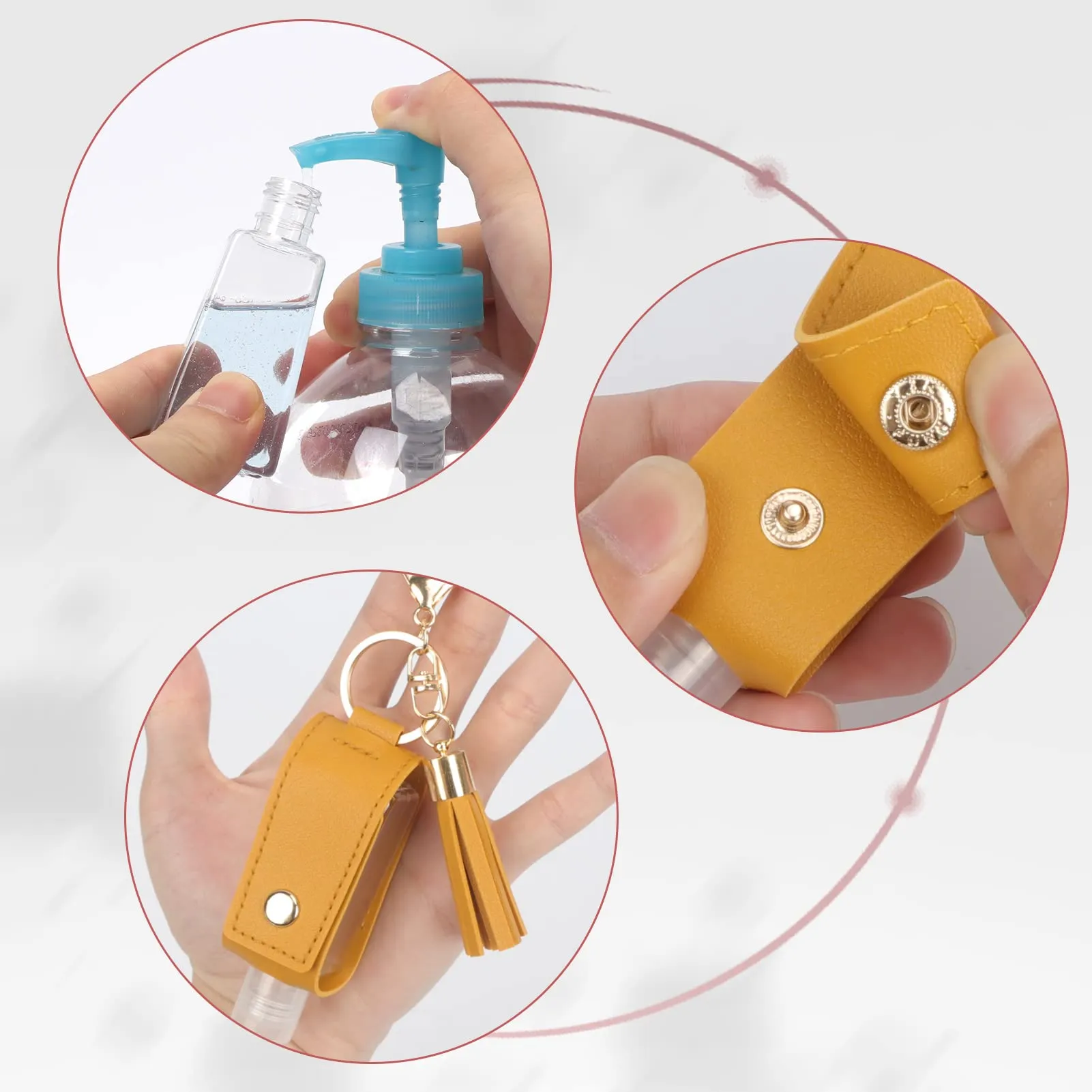 Unaone 1oz/30ml Hand Sanitizer Holder Travel Size, Empty Bottle Leather Sanitizer Holder with Keychain Portable Small Squeeze Bottle Refillable Container for Toiletry Lotion Liquid Soap Shampoo Yellow