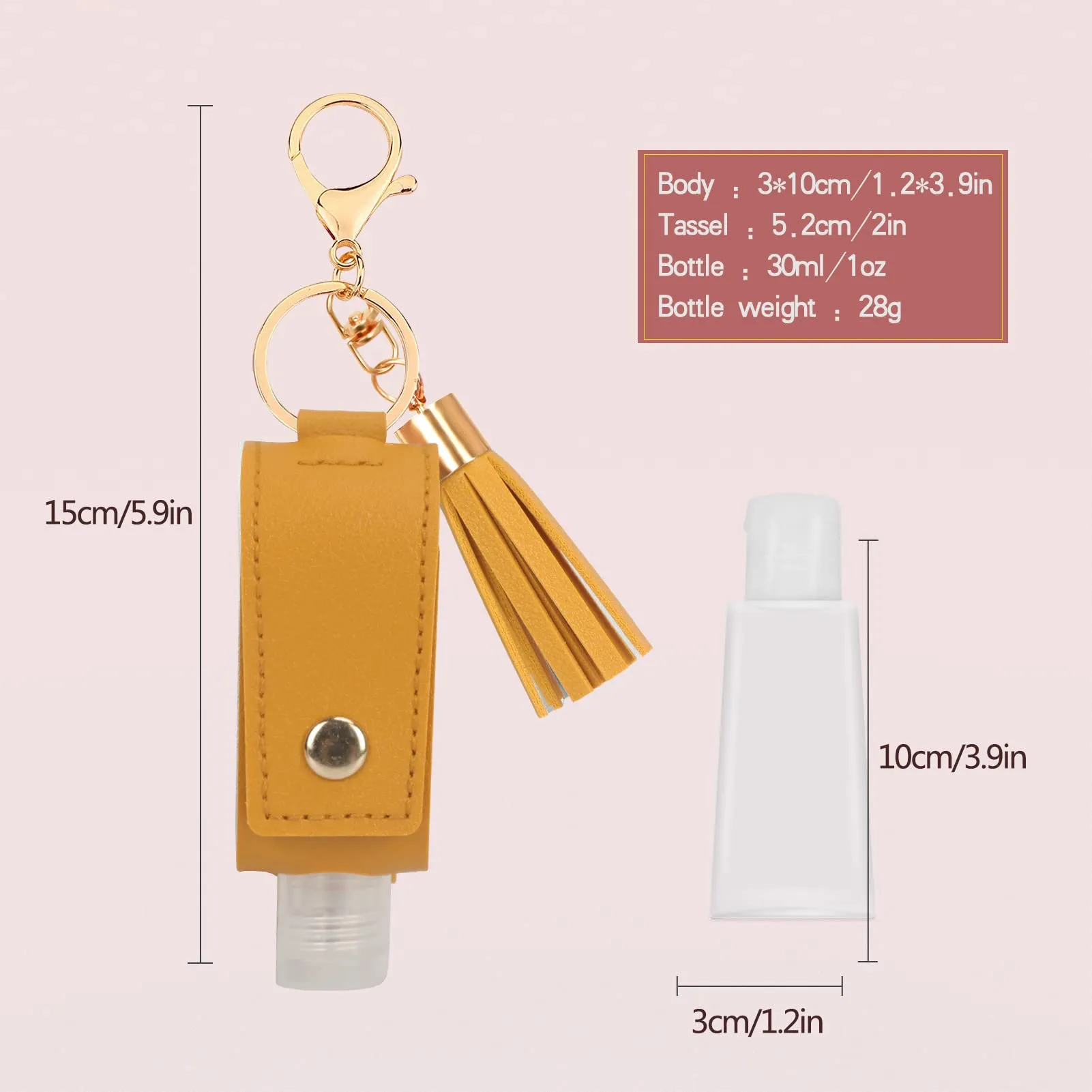 Unaone 1oz/30ml Hand Sanitizer Holder Travel Size, Empty Bottle Leather Sanitizer Holder with Keychain Portable Small Squeeze Bottle Refillable Container for Toiletry Lotion Liquid Soap Shampoo Yellow