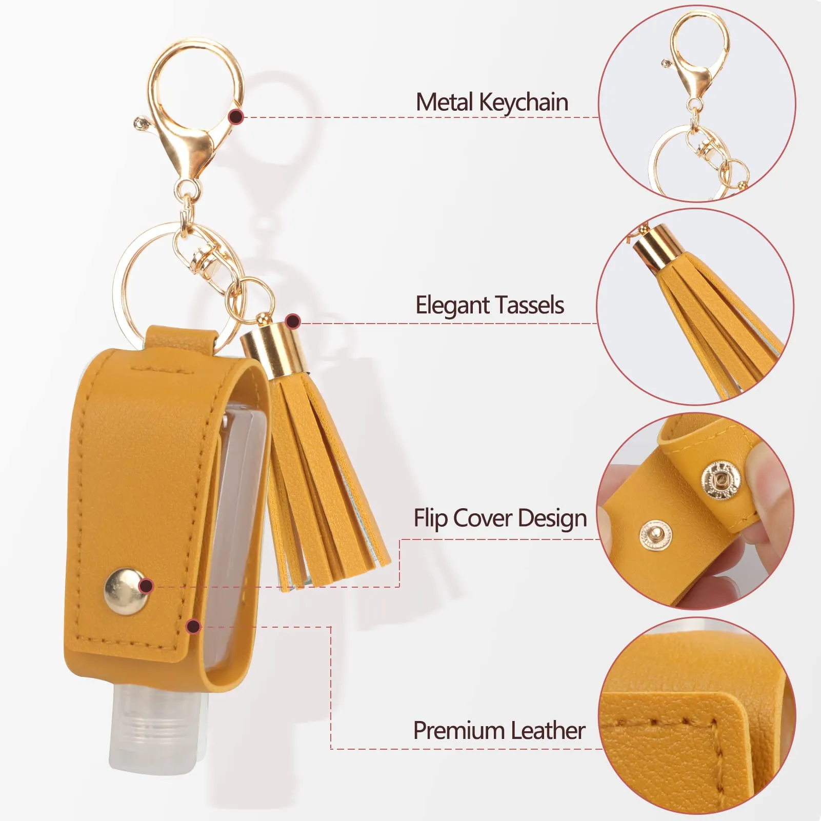 Unaone 1oz/30ml Hand Sanitizer Holder Travel Size, Empty Bottle Leather Sanitizer Holder with Keychain Portable Small Squeeze Bottle Refillable Container for Toiletry Lotion Liquid Soap Shampoo Yellow