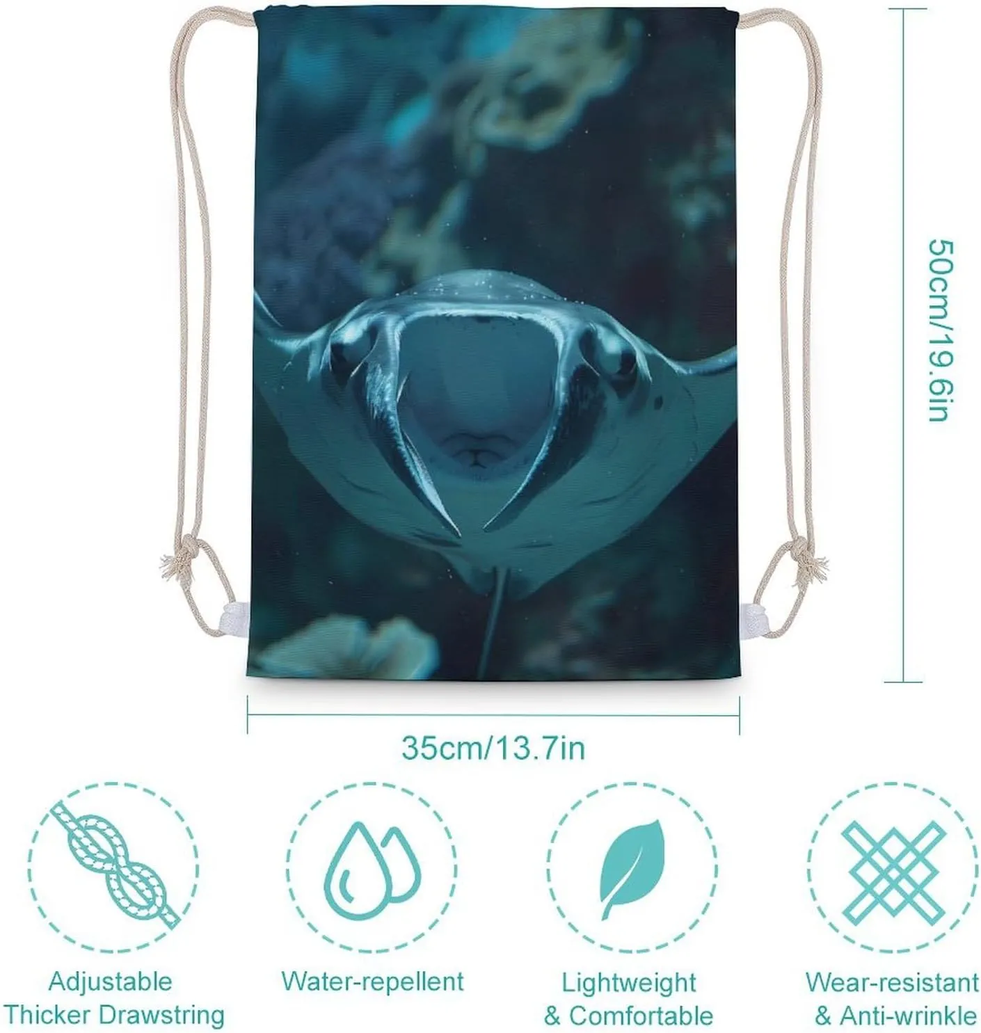 Underwater Ocean Animal Manta Ray Drawstring Backpack Canvas Double Shoulder Bag Sports Gym Sackpack String Bag for Women Men 35x50cm