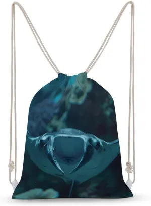 Underwater Ocean Animal Manta Ray Drawstring Backpack Canvas Double Shoulder Bag Sports Gym Sackpack String Bag for Women Men 35x50cm