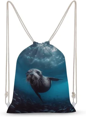 Underwater Sea Lion Drawstring Backpack for Women Men Drawstring Bag for Travel Swimming Sports Gym Bag