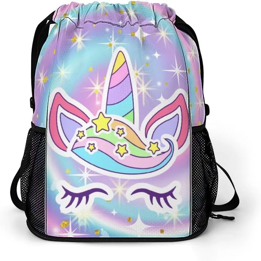 Unicorn Drawstring Backpack - Cute Cinch Sack, String Backpacks with Pocket for Kids Women Men Boys Girls for Gym Outdoor Sports Travel Athletic Drawstring Bag - Lightweight/Foldable