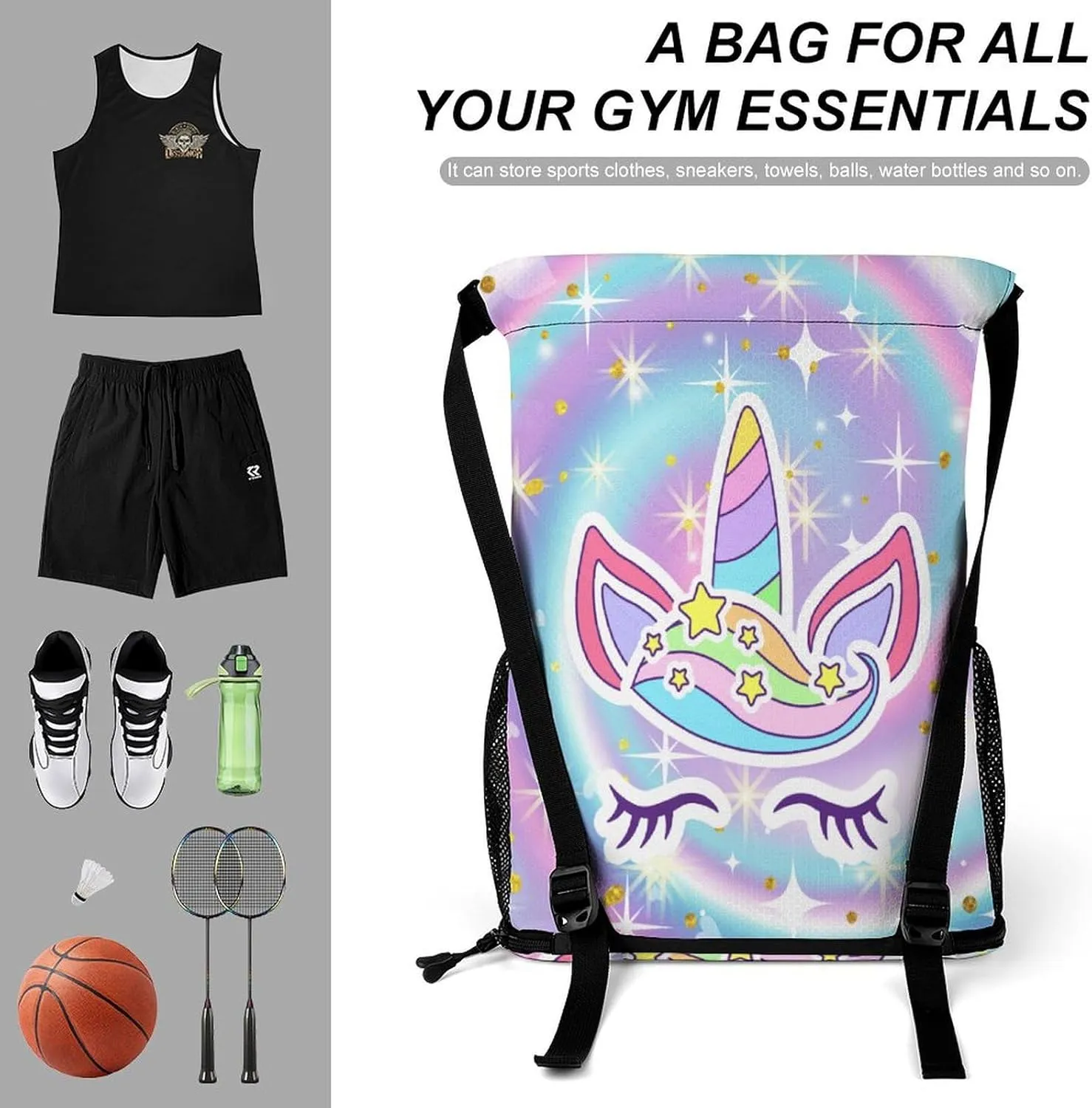 Unicorn Drawstring Backpack - Cute Cinch Sack, String Backpacks with Pocket for Kids Women Men Boys Girls for Gym Outdoor Sports Travel Athletic Drawstring Bag - Lightweight/Foldable