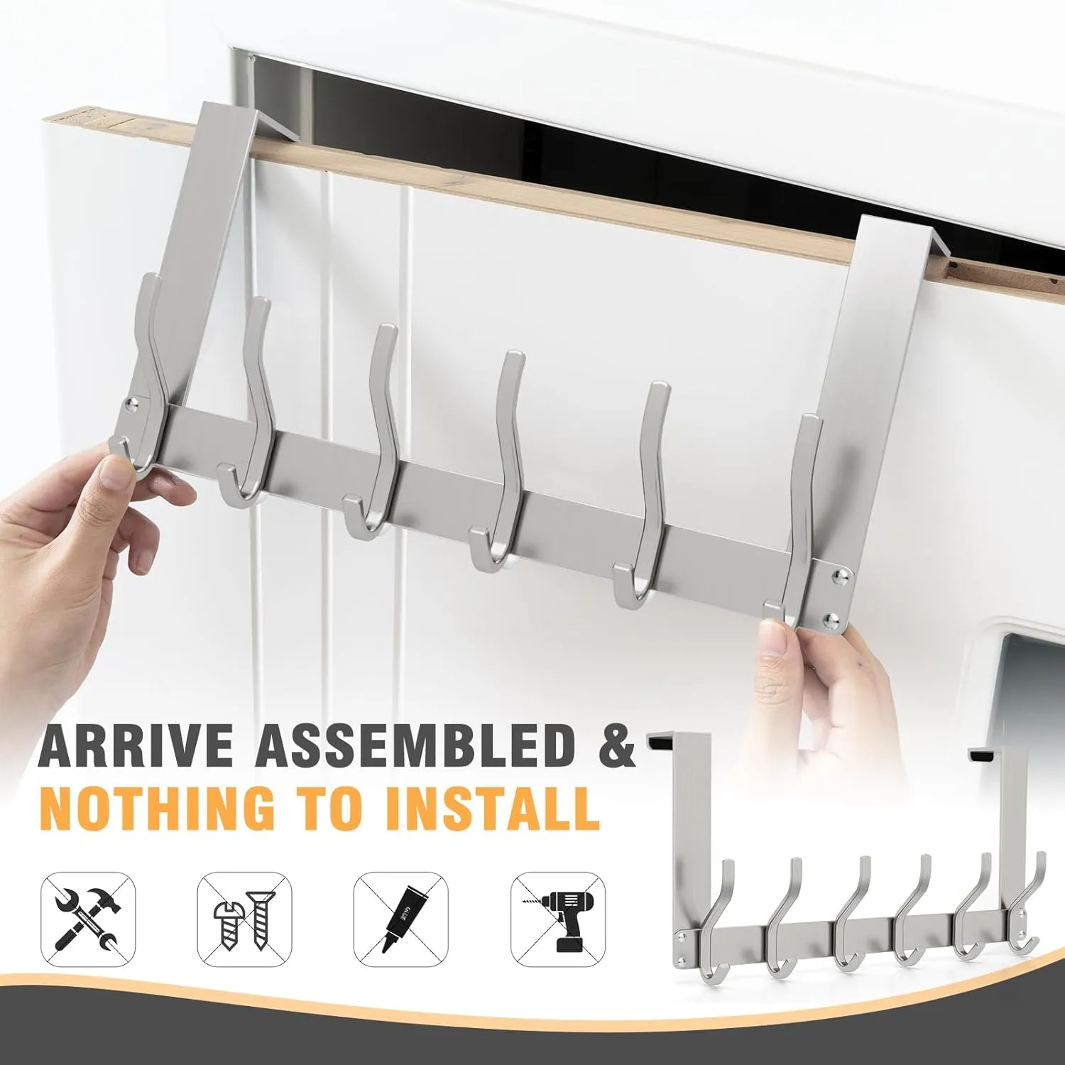 Uross (2 Pack Foldable Over The Door Hooks, Heavy Duty Over Door Hanger, Behind The Door Hook Rack for Hanging Jackets Coats Hoodies Towels Scarfs Clothes Hats Handbags Backpacks -Silver