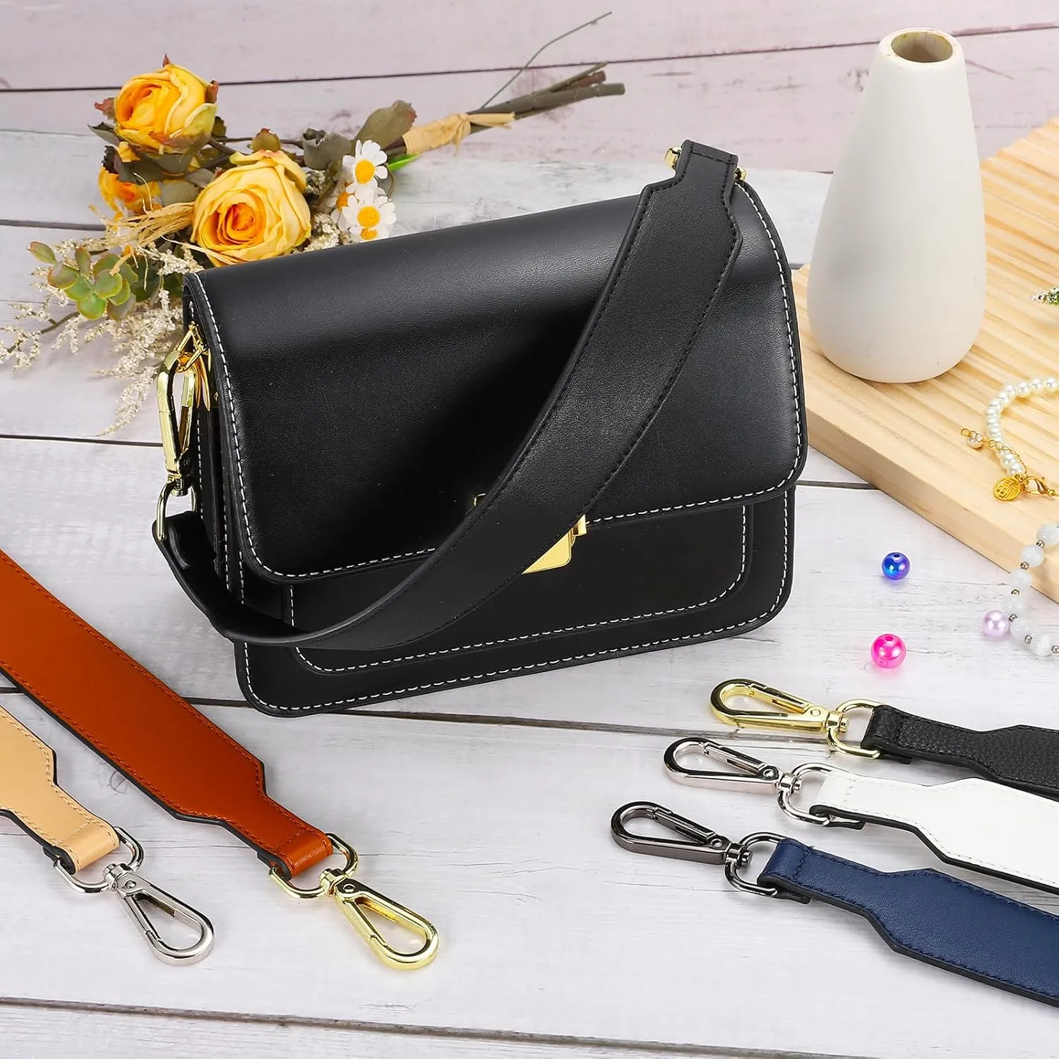 uxcell PU Leather Purse Handles Replacement Short Strap Clutch Bag Handle with Clasp for Handbag Cross Body Wallet Briefcase, 41x3.6cm, Blue Silver Buckle