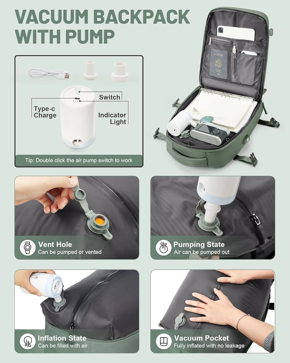 Vacuum Backpack Travel Laptop Backpacks For Women Men Carry On Backpack With Vacuum Compression Bags Seal Packing Personal Item Travel Bag Airback Backpacks With Pump Olive Green