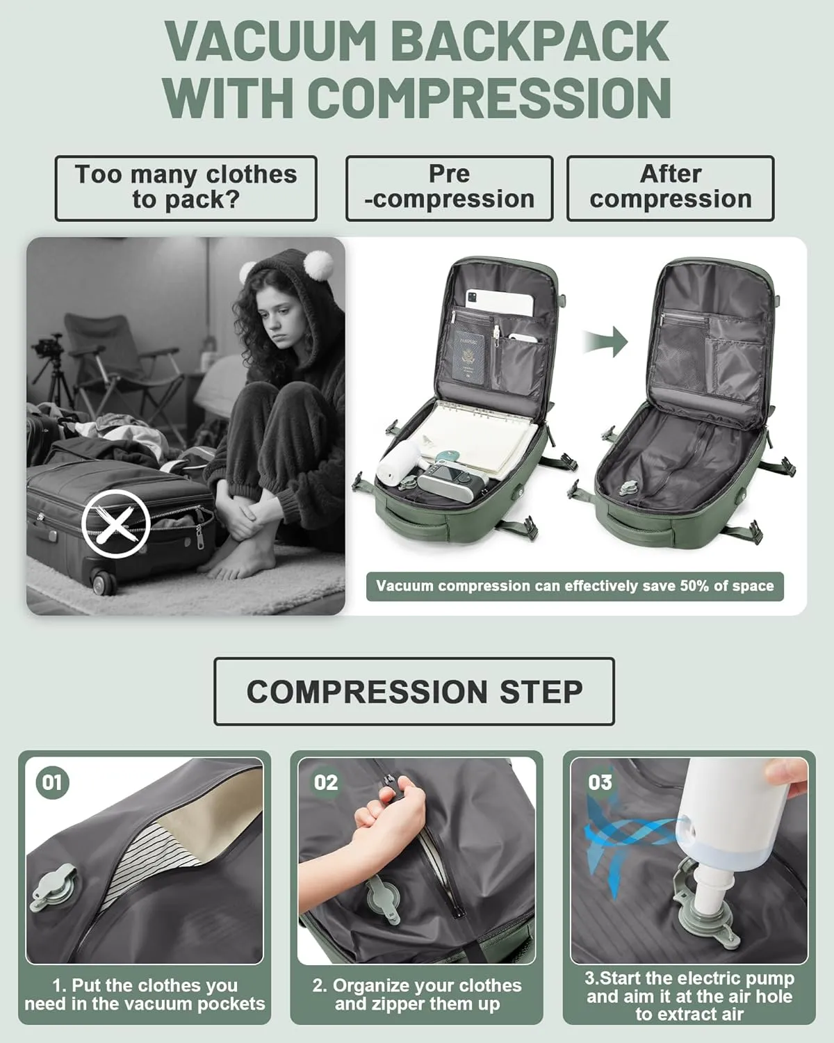 Vacuum Backpack Travel Laptop Backpacks For Women Men Carry On Backpack With Vacuum Compression Bags Seal Packing Personal Item Travel Bag Airback Backpacks With Pump Olive Green