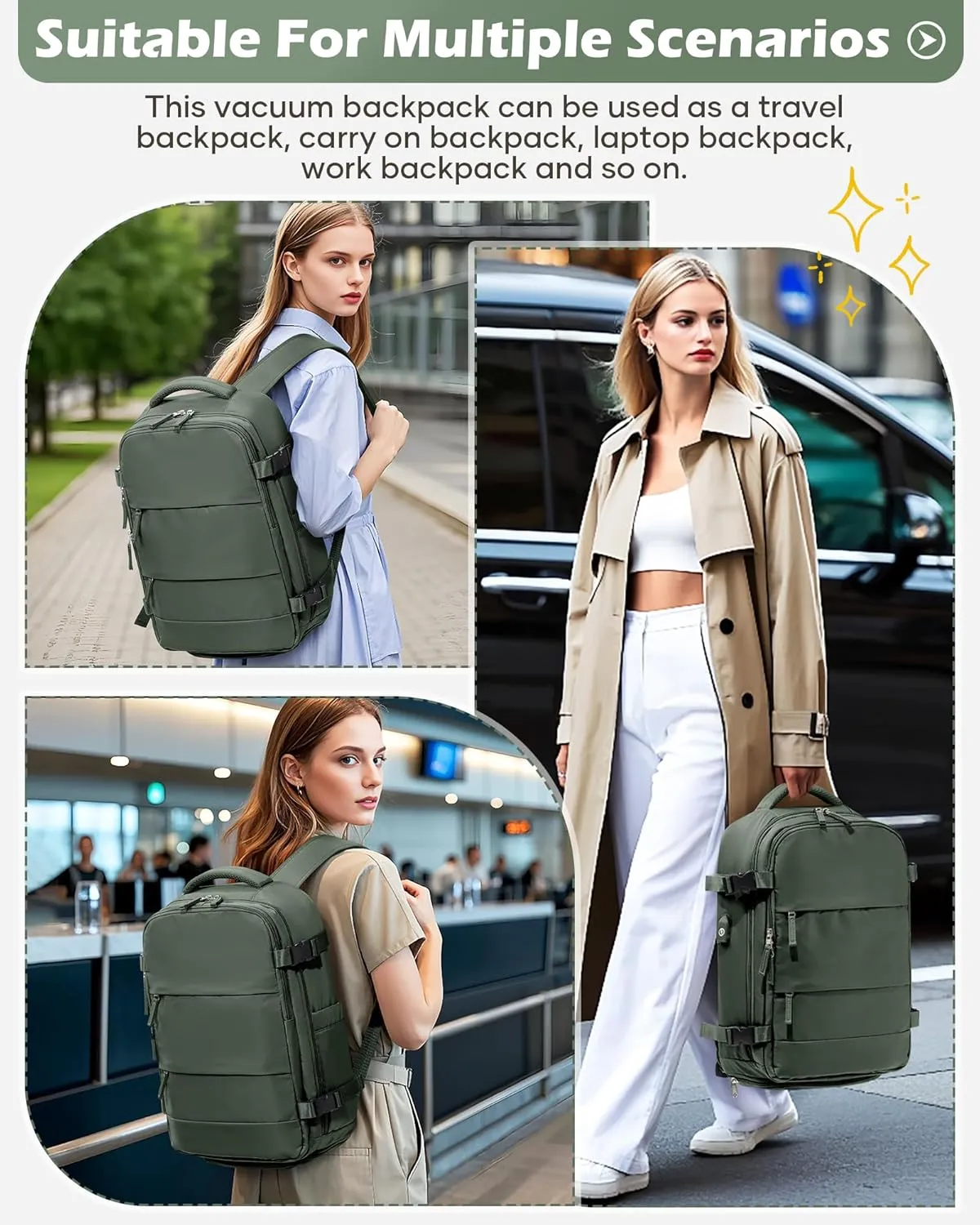 Vacuum Backpack Travel Laptop Backpacks For Women Men Carry On Backpack With Vacuum Compression Bags Seal Packing Personal Item Travel Bag Airback Backpacks With Pump Olive Green