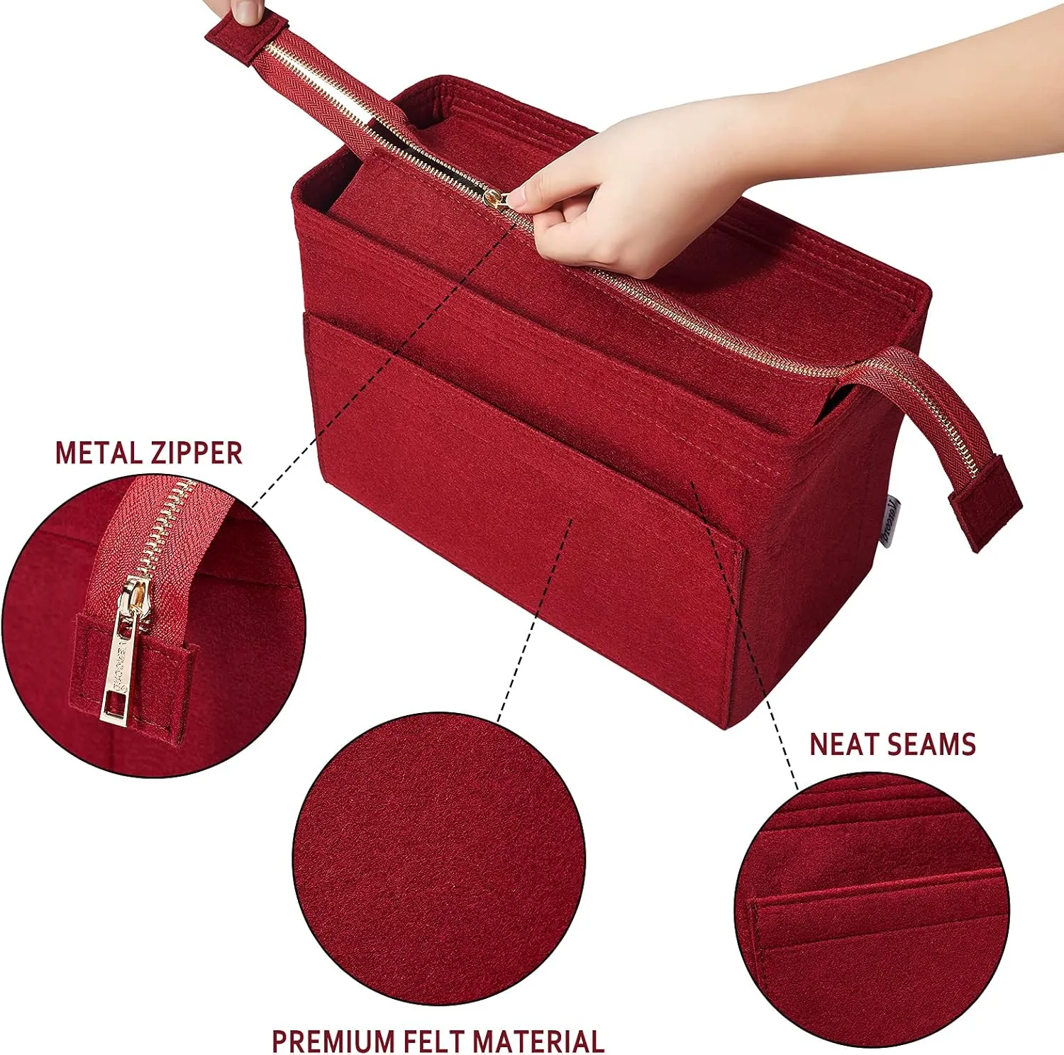 Vercord Felt Zipper Handbag Tote Purse Duffel Backpack Organizer Insert Burgundy Small