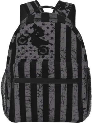 Vintage American Motorcycle Flag Dirt Bike Rider Motocross Casual Backpacks Sport Backpack Travel Rucksack Canvas Daypack Workout Bags with Pockets for Gym Working Hiking