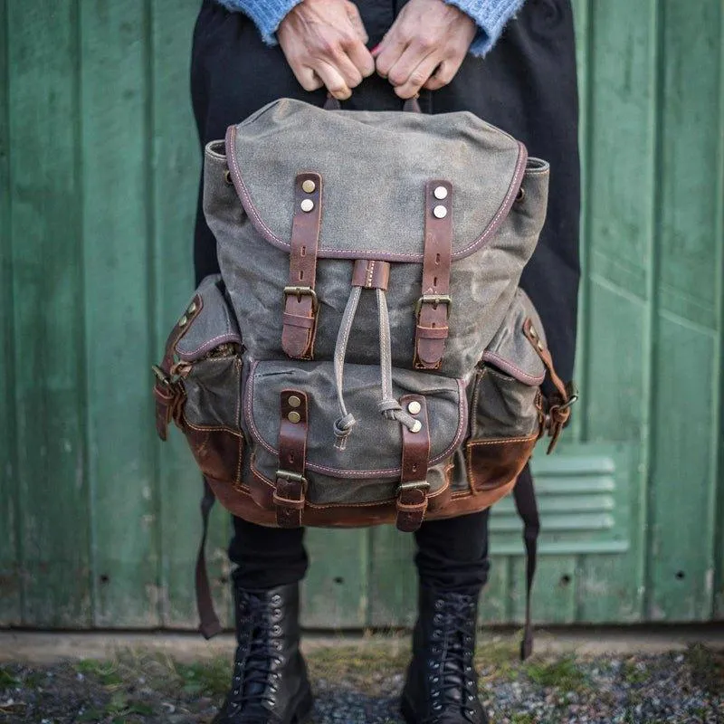 Vintage Canvas Leather Mountaineering Travel 20 to 35 Liter Backpack for Men