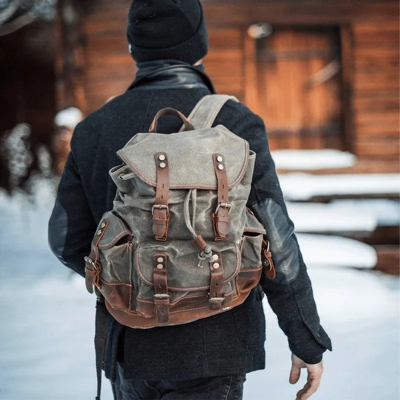 Vintage Canvas Leather Mountaineering Travel 20 to 35 Liter Backpack for Men