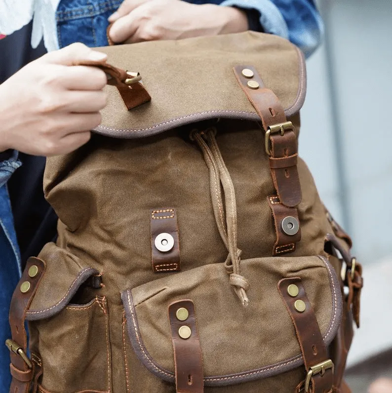 Vintage Canvas Leather Mountaineering Travel 20 to 35 Liter Backpack for Men