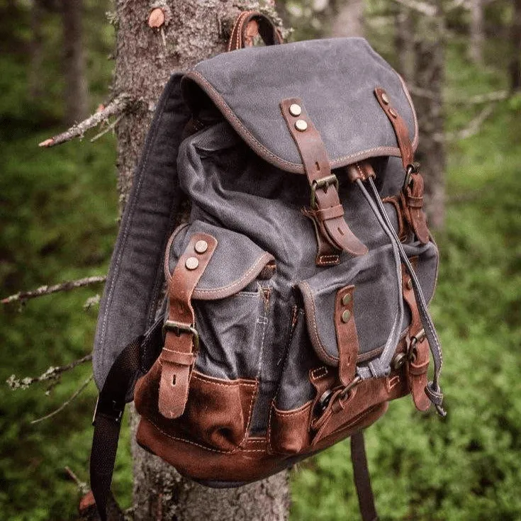 Vintage Canvas Leather Mountaineering Travel 20 to 35 Liter Backpack for Men