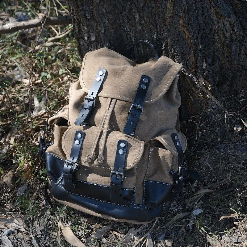 Vintage Canvas Leather Mountaineering Travel 20 to 35 Liter Backpack for Men