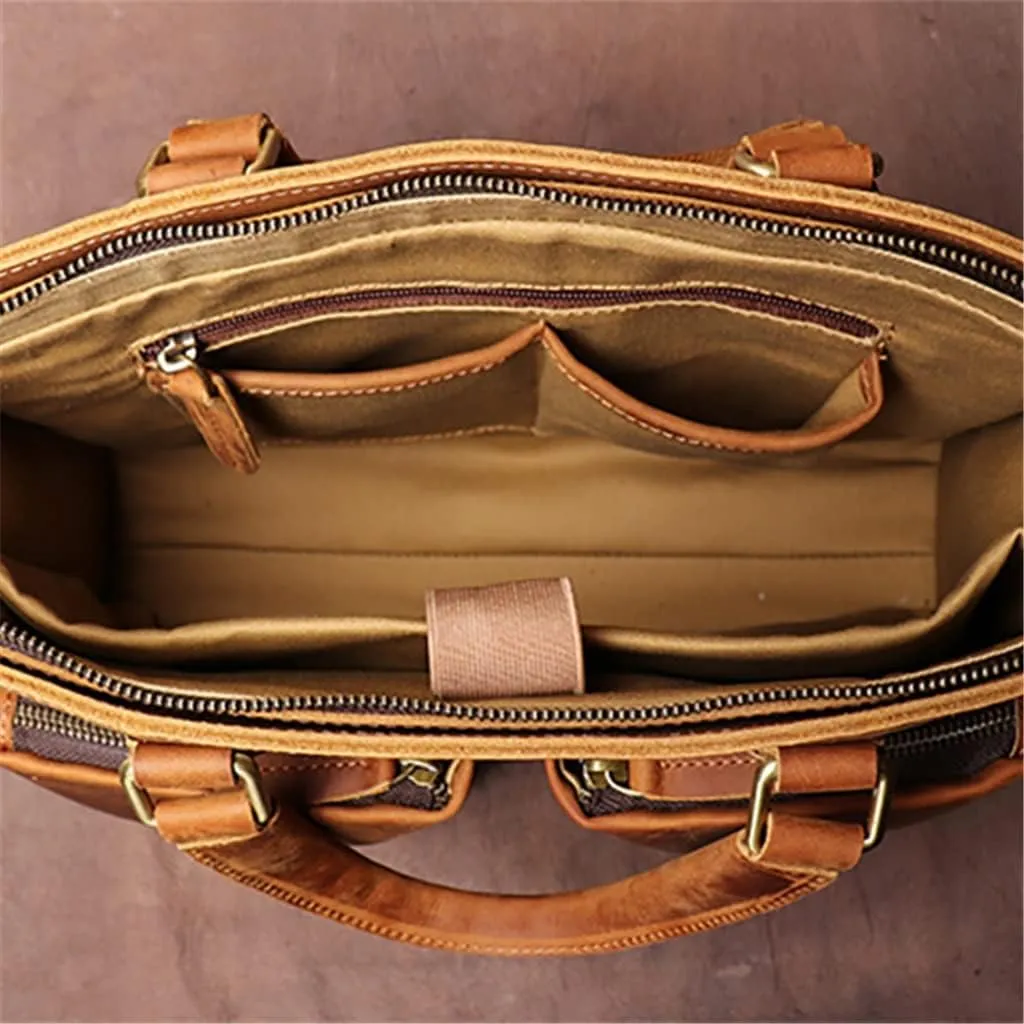 Vintage Man Handbag Briefcase Men Shoulder Genuine Leather Bags Brown Business 14 Inch Laptop Bag