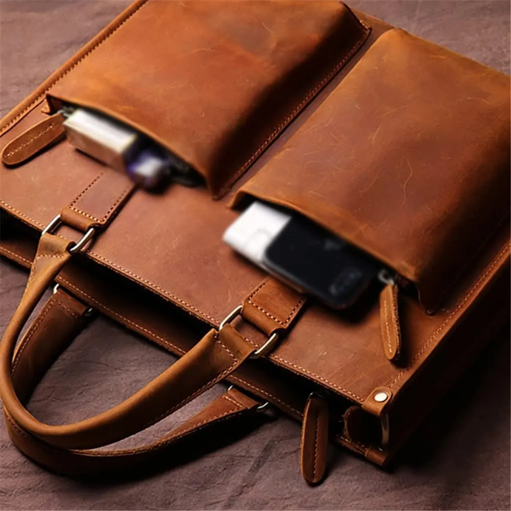 Vintage Man Handbag Briefcase Men Shoulder Genuine Leather Bags Brown Business 14 Inch Laptop Bag