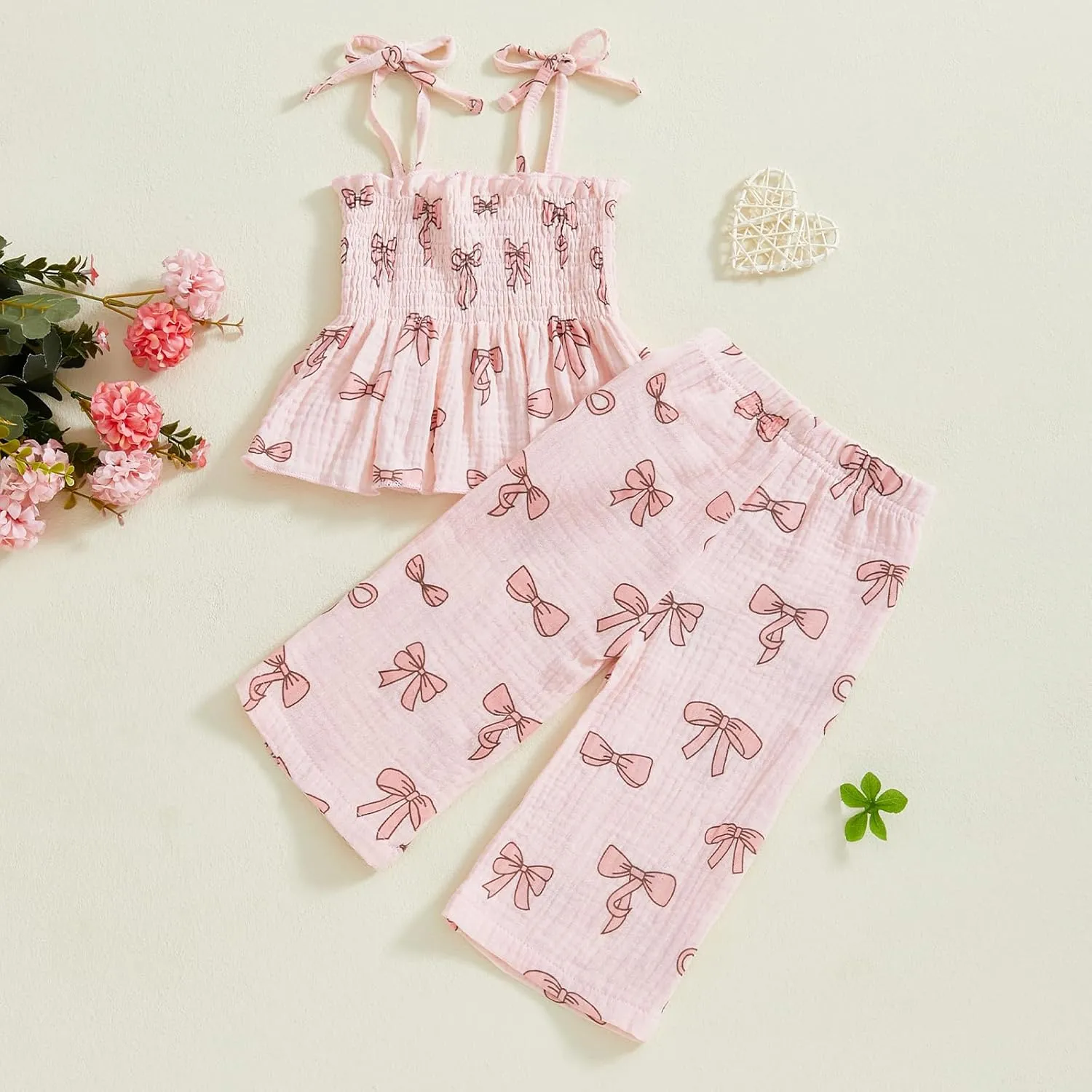 VISGOGO Toddler Baby Girl Outfits Sleeveless Smocked Strap Camisole Linen Pants Bow Baby Summer Clothes