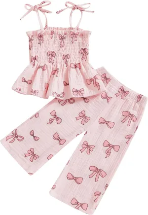 VISGOGO Toddler Baby Girl Outfits Sleeveless Smocked Strap Camisole Linen Pants Bow Baby Summer Clothes