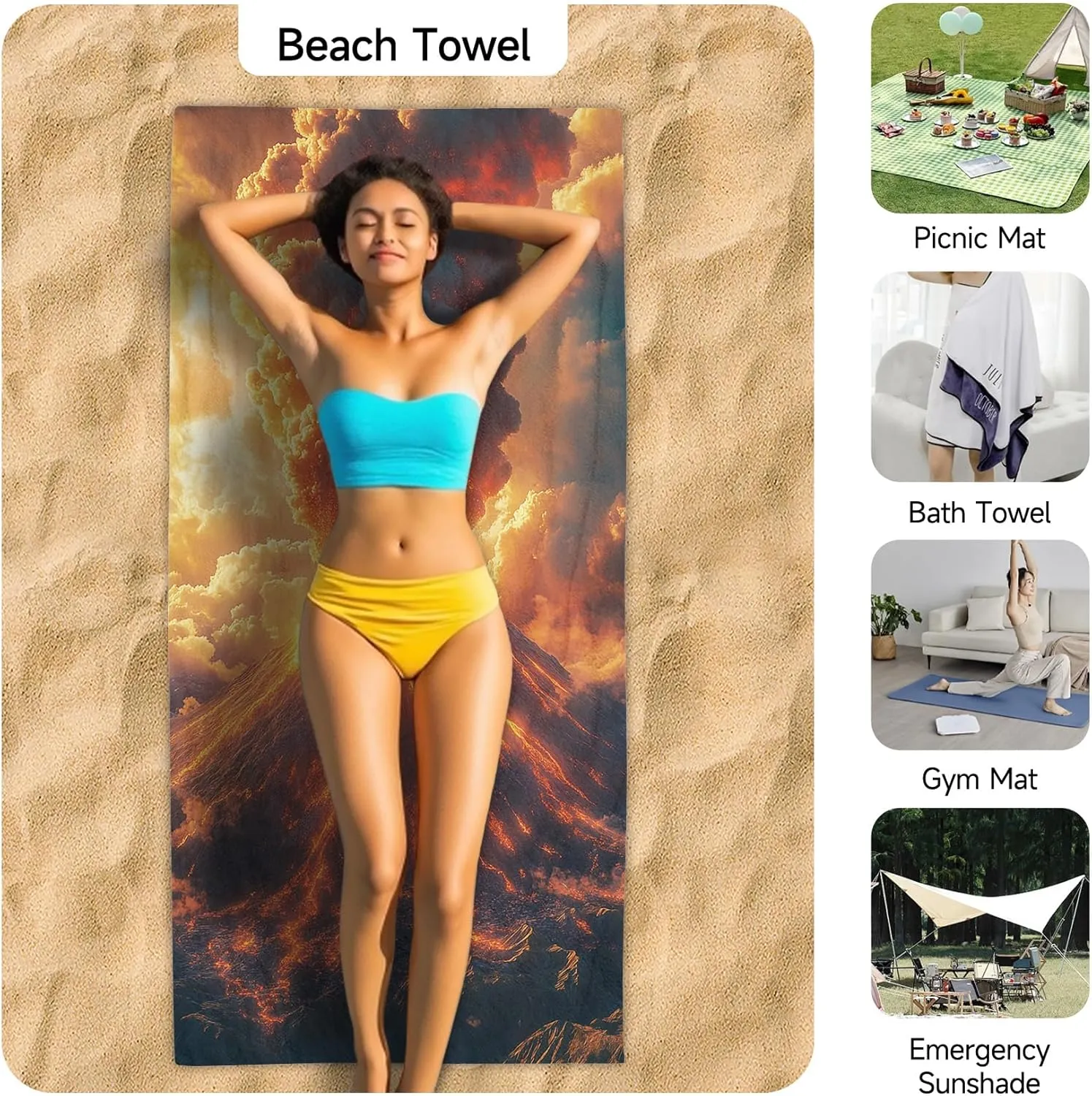 Volcanic Eruption Outdoor Magnetic Bath Towel, Lava Flow Beach Towel Lightweight, Nature Landscape Bath Towel 30"x60" Super Absorbent for Swimming Travel Camping