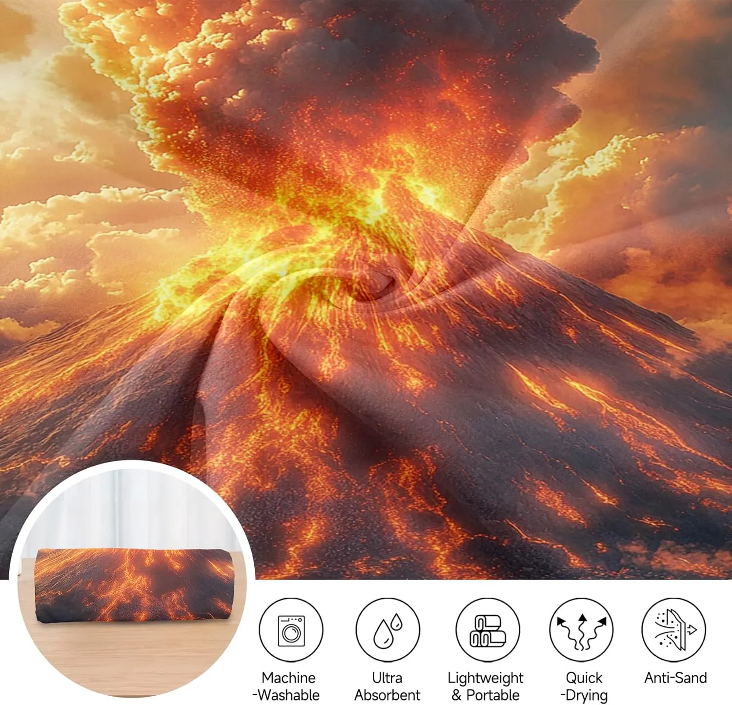 Volcanic Eruption Outdoor Magnetic Bath Towel, Lava Flow Beach Towel Lightweight, Nature Landscape Bath Towel 30"x60" Super Absorbent for Swimming Travel Camping