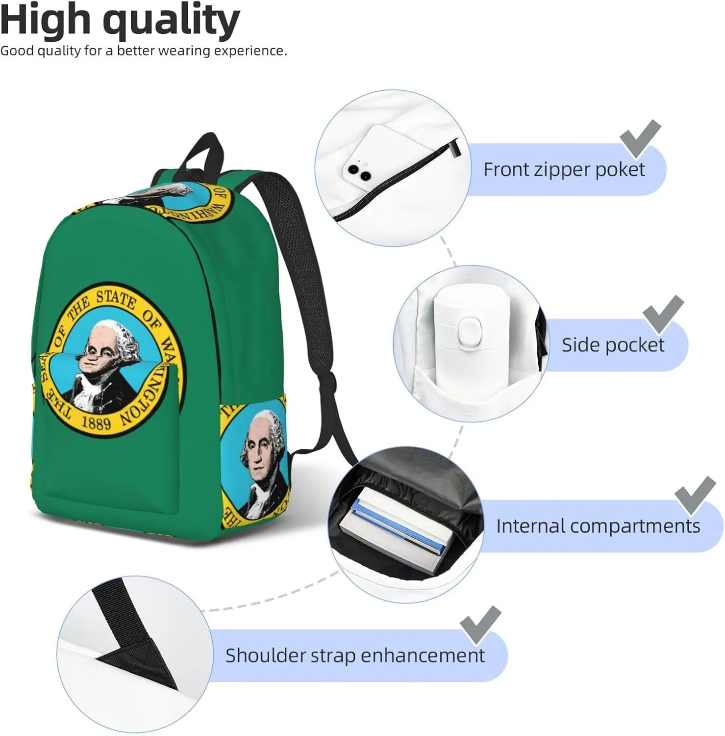 Washington Flag print Backpack Travel Backpacks for Women Men College Backpack Computer Bag for Travel