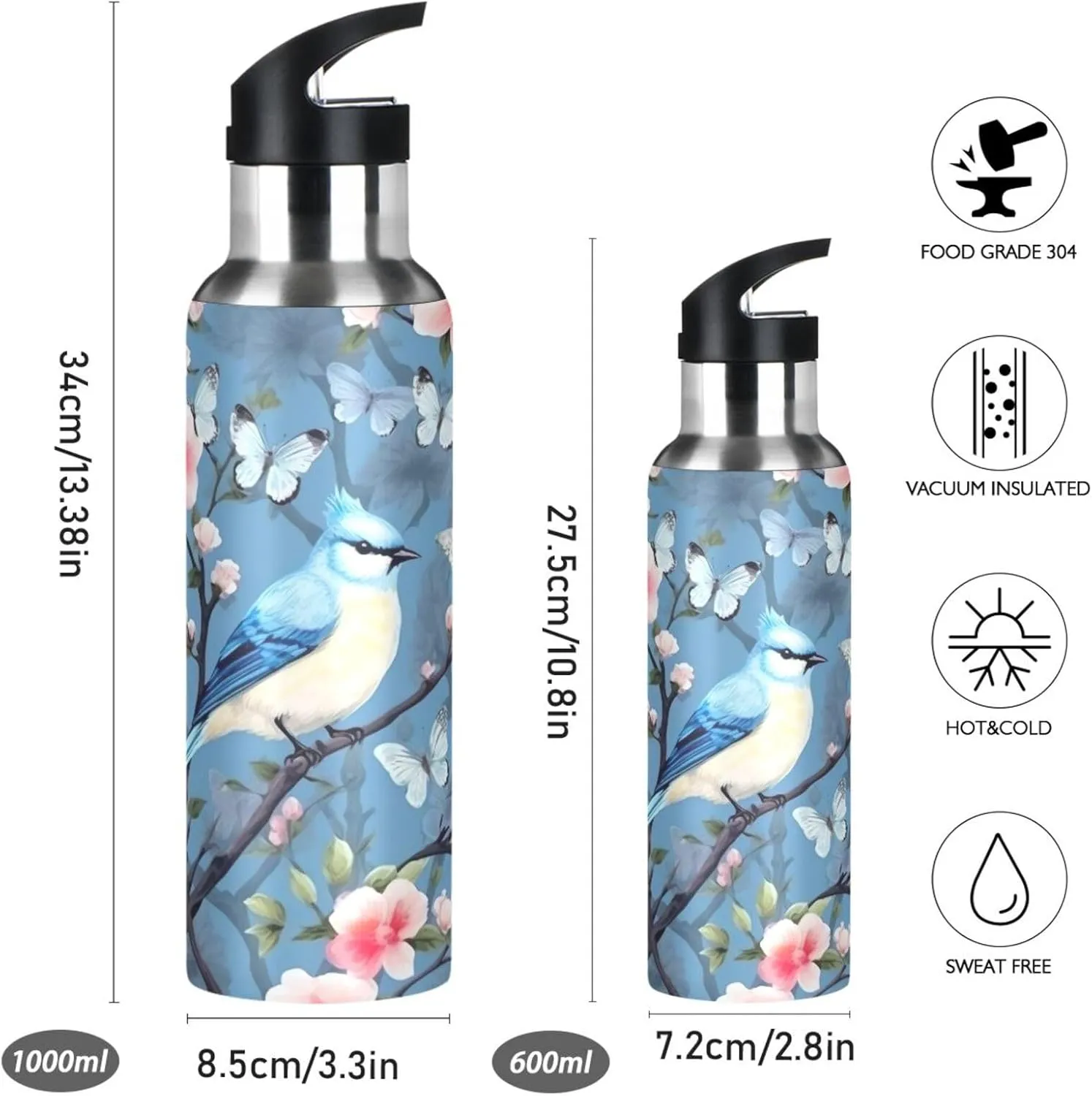 Water Bottle Blue Bird on Cute Tree Stainless Steel Sport Water Bottle with Straw Insulated Water Bottles Travel Portable Cup 22 oz