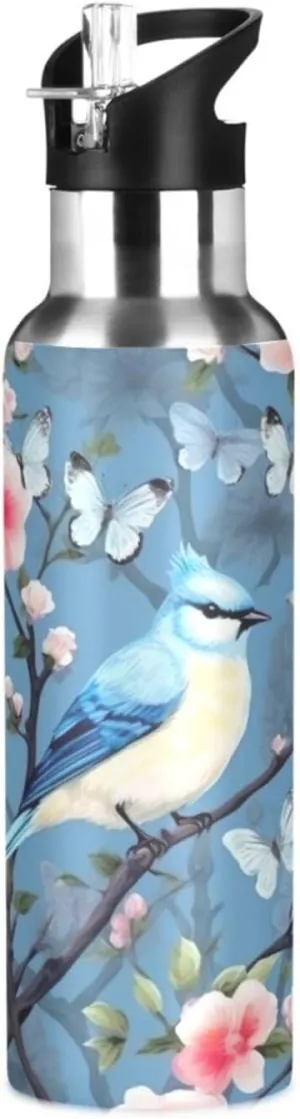 Water Bottle Blue Bird on Cute Tree Stainless Steel Sport Water Bottle with Straw Insulated Water Bottles Travel Portable Cup 22 oz