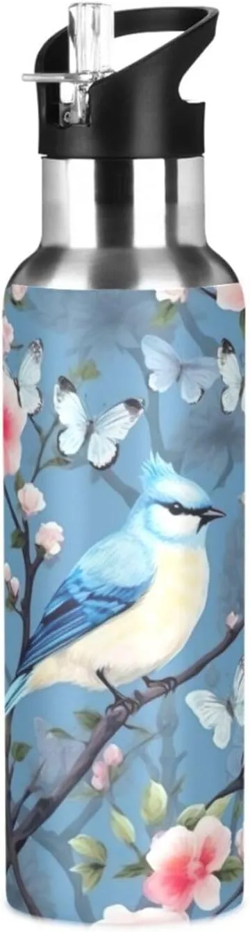 Water Bottle Blue Bird on Cute Tree Stainless Steel Sport Water Bottle with Straw Insulated Water Bottles Travel Portable Cup 22 oz