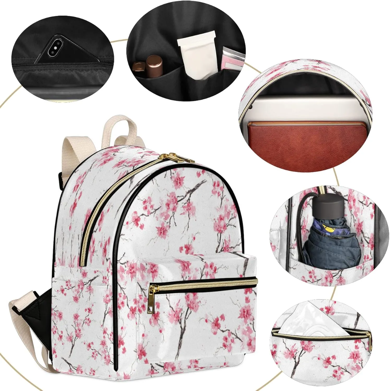 Watercolor Cherry Blossom Mini Backpack Purse for Women, Cherry Blossom Print Leather Small Backpack Casual Travel Daypacks Shoulder Bag for Girls Teen