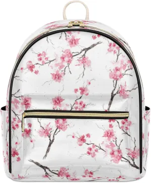 Watercolor Cherry Blossom Mini Backpack Purse for Women, Cherry Blossom Print Leather Small Backpack Casual Travel Daypacks Shoulder Bag for Girls Teen