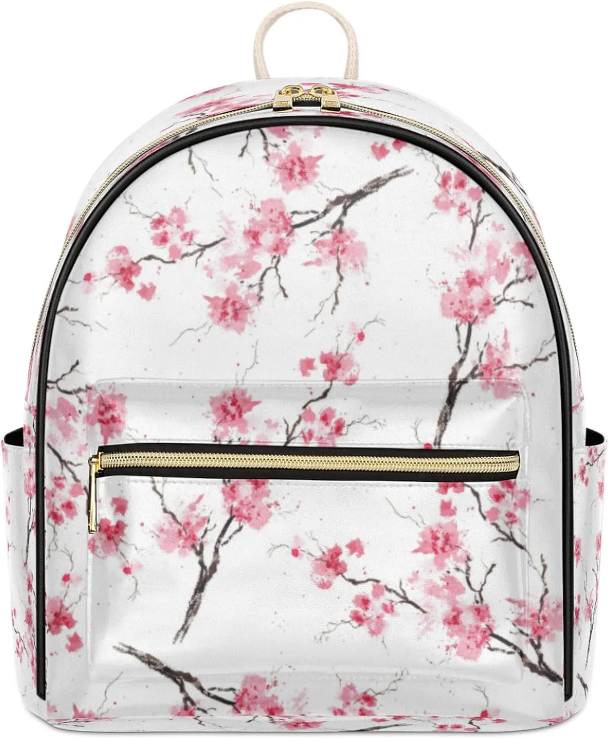 Watercolor Cherry Blossom Mini Backpack Purse for Women, Cherry Blossom Print Leather Small Backpack Casual Travel Daypacks Shoulder Bag for Girls Teen
