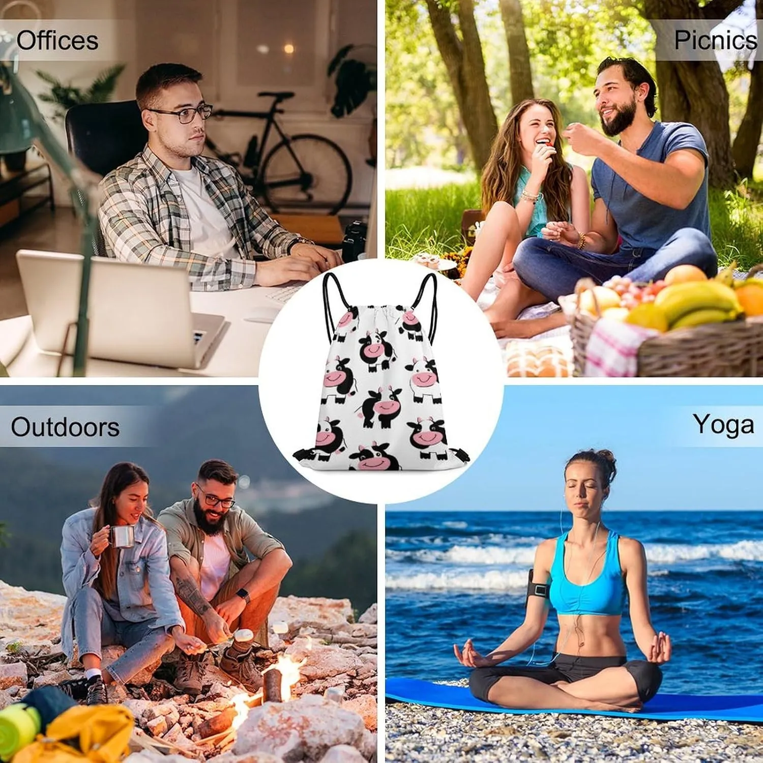 Waterproof Drawstring Bag Handbags, Cute Funny Milk Cow Print Gym Bag Sackpack Sports Backpack for Men Women, Large Capacity Shoulder Bags with Strap