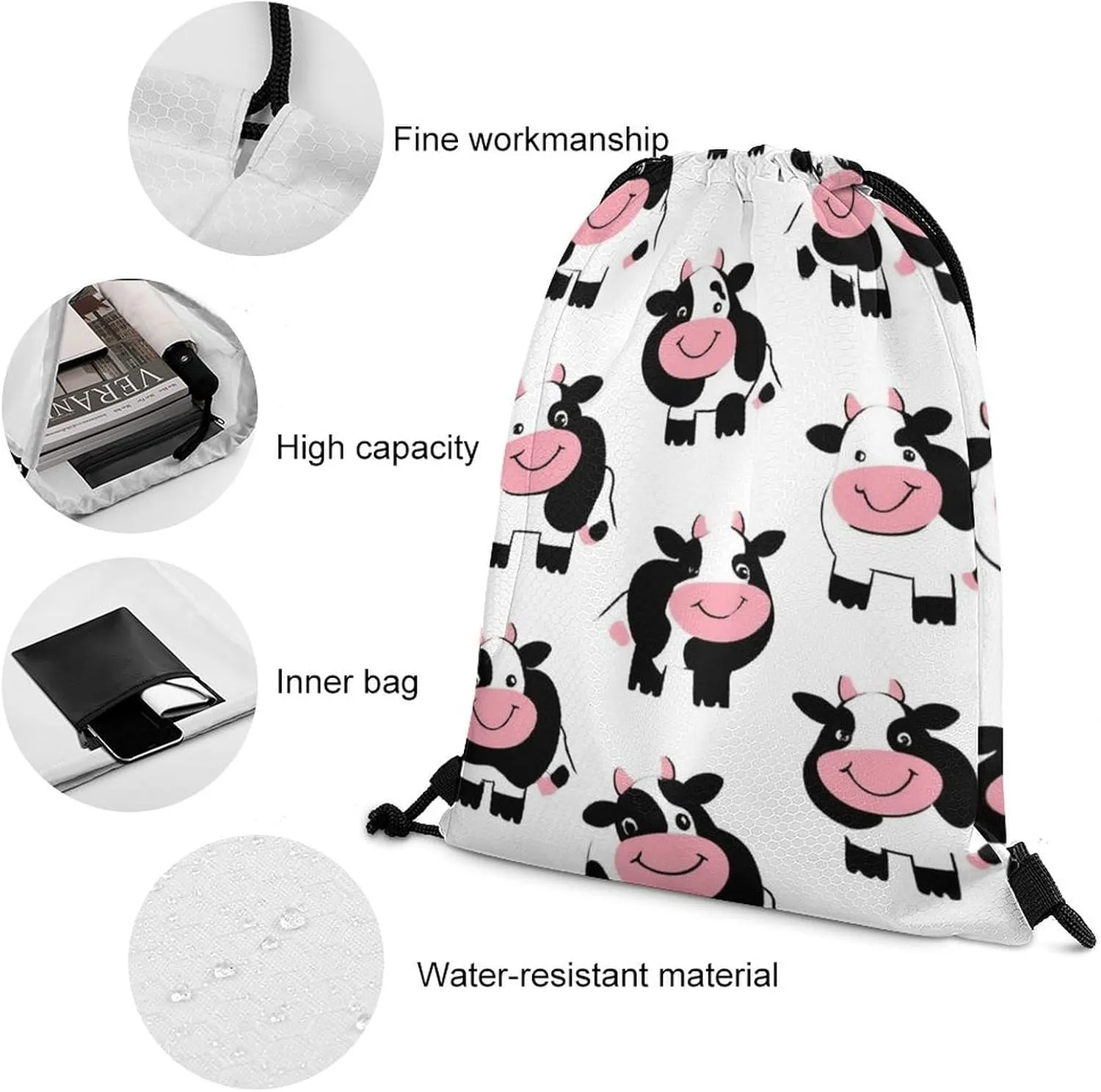 Waterproof Drawstring Bag Handbags, Cute Funny Milk Cow Print Gym Bag Sackpack Sports Backpack for Men Women, Large Capacity Shoulder Bags with Strap