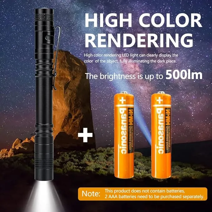 Watris Veiyi LED Mini Small Flashlight, 500 Lumens Pocket Pen Flashlight, Portable Pen Light with Clip for Fishing, Hiking, Inspection, Repair, Engineer(5.2 x 0.6 inch)