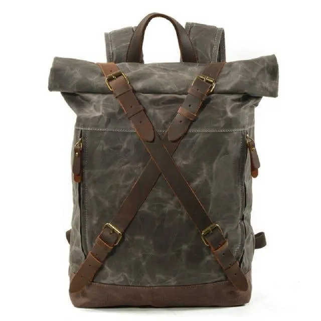 Waxed Vintage Canvas Genuine Leather Waterproof Travel 20 Liter Backpack