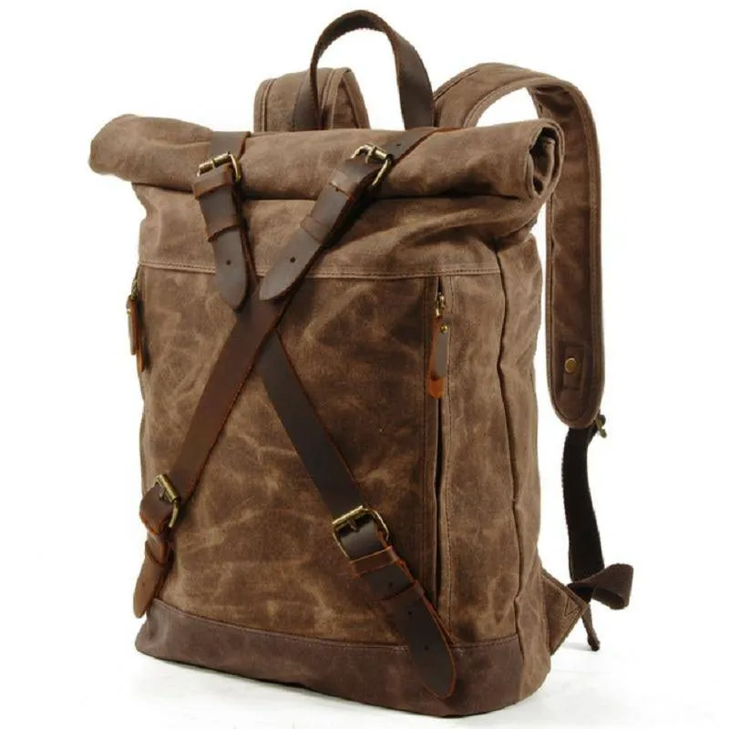 Waxed Vintage Canvas Genuine Leather Waterproof Travel 20 Liter Backpack
