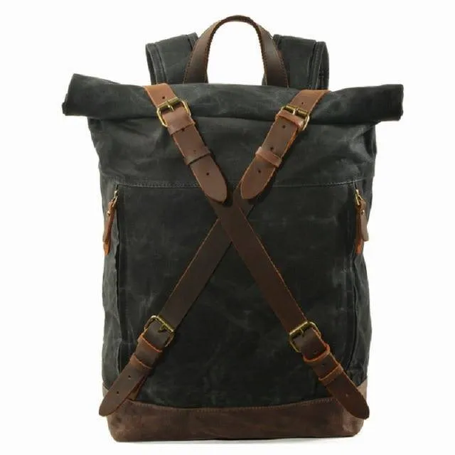 Waxed Vintage Canvas Genuine Leather Waterproof Travel 20 Liter Backpack