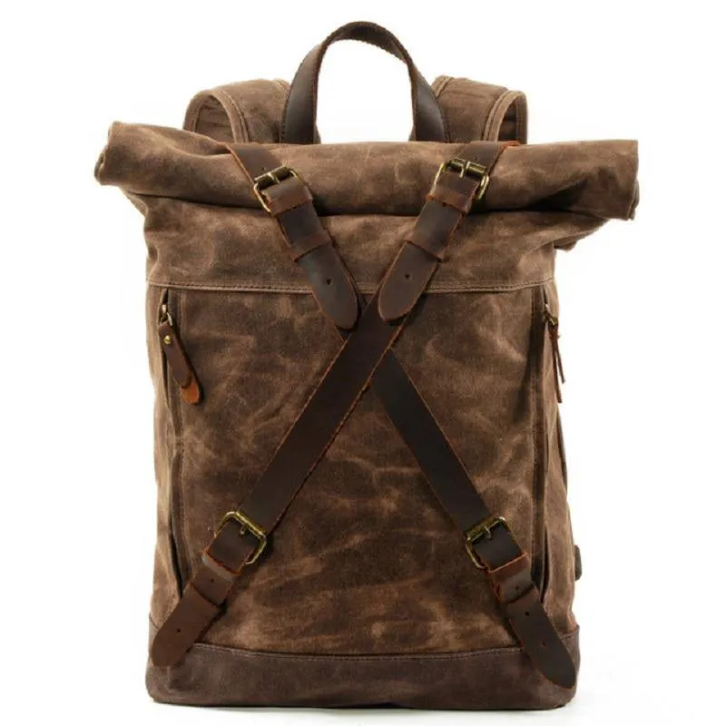 Waxed Vintage Canvas Genuine Leather Waterproof Travel 20 Liter Backpack
