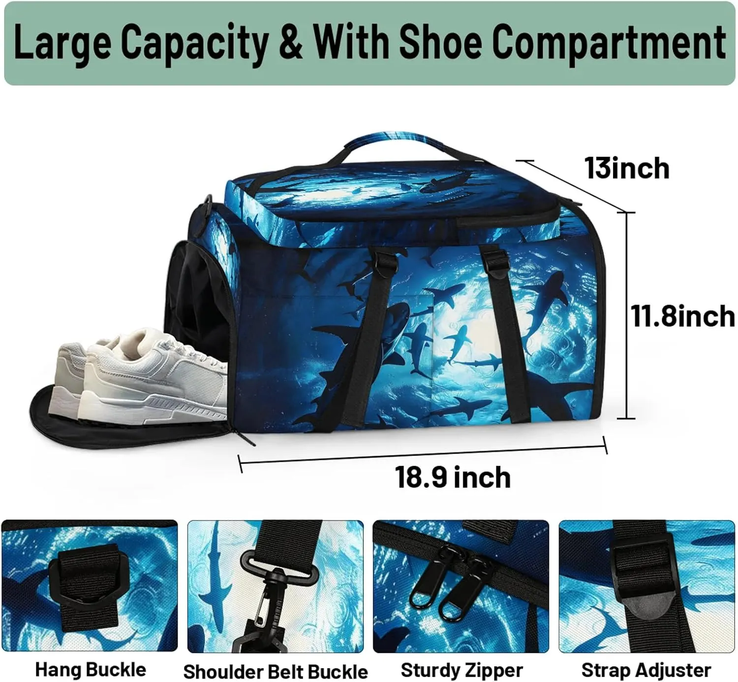 Wildlife Shark Ocean Sea Gym Duffle Bag Backpack Waterproof Sports Bags with Shoe Compartment 48L Carry On Overnight Weekender Travel Luggage