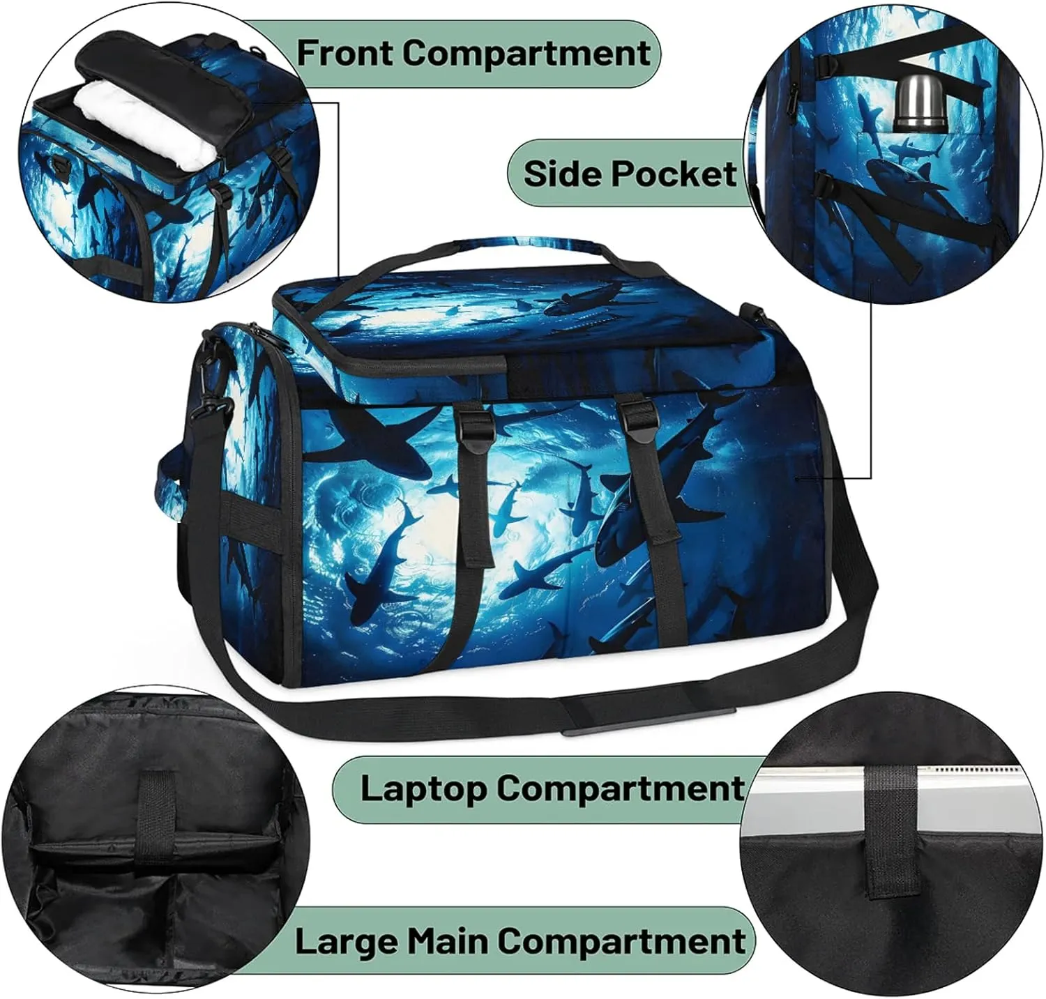 Wildlife Shark Ocean Sea Gym Duffle Bag Backpack Waterproof Sports Bags with Shoe Compartment 48L Carry On Overnight Weekender Travel Luggage