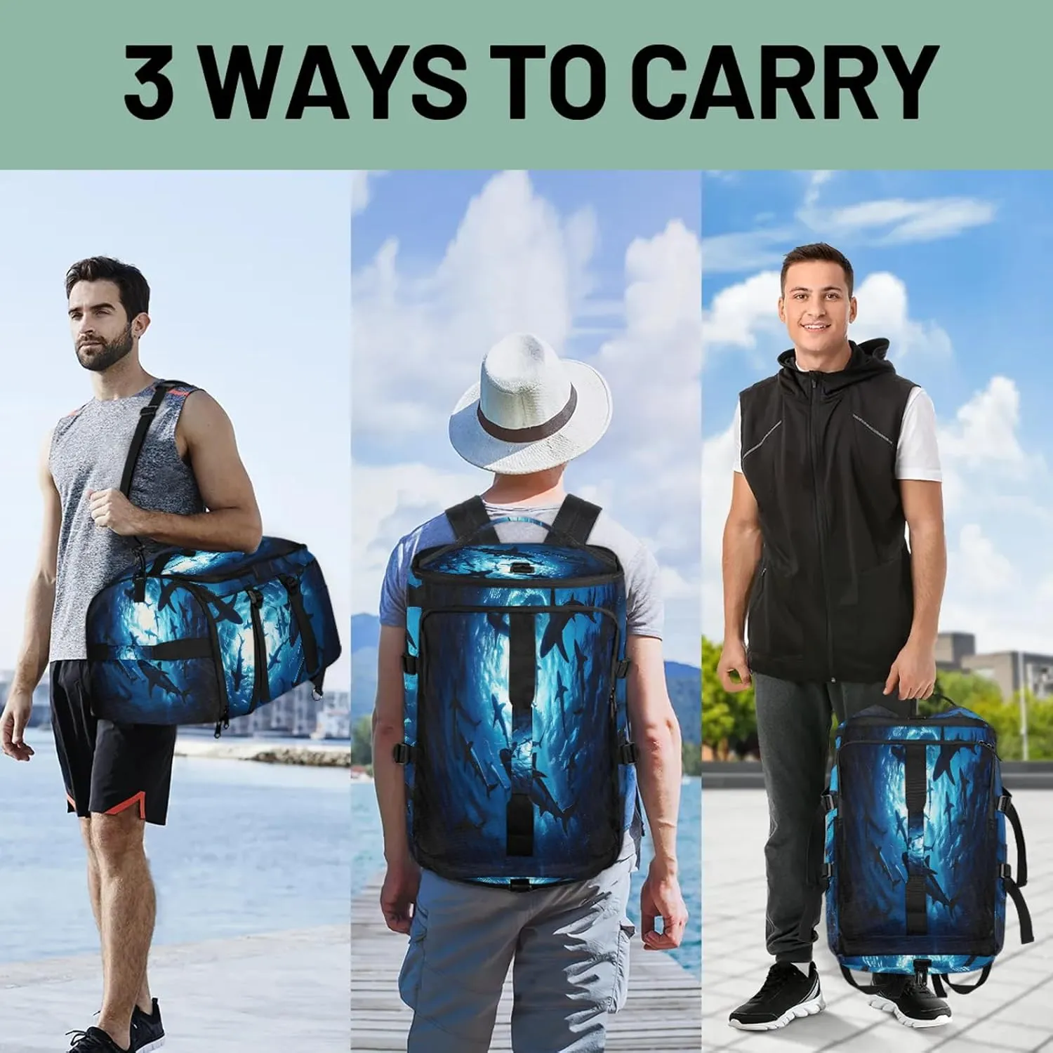 Wildlife Shark Ocean Sea Gym Duffle Bag Backpack Waterproof Sports Bags with Shoe Compartment 48L Carry On Overnight Weekender Travel Luggage