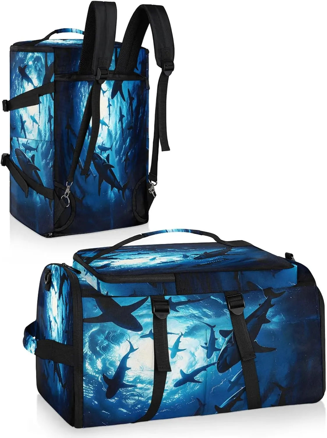 Wildlife Shark Ocean Sea Gym Duffle Bag Backpack Waterproof Sports Bags with Shoe Compartment 48L Carry On Overnight Weekender Travel Luggage