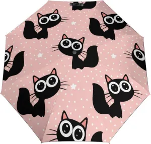 Windproof Travel Umbrellas for Rain,Black Cats Pink Cute Durable & Compact Umbrella-Waterproof Canopy for Backpack, Purse, Portable, Umbrella for Travel