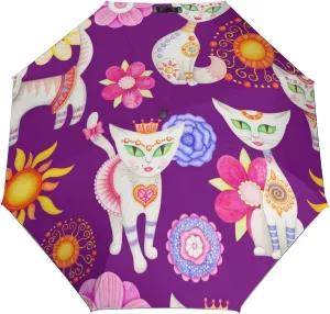 Windproof Travel Umbrellas for Rain,Cartoon Cats Flowers Durable & Compact Umbrella-Waterproof Canopy for Backpack, Purse, Portable, Umbrella for Travel